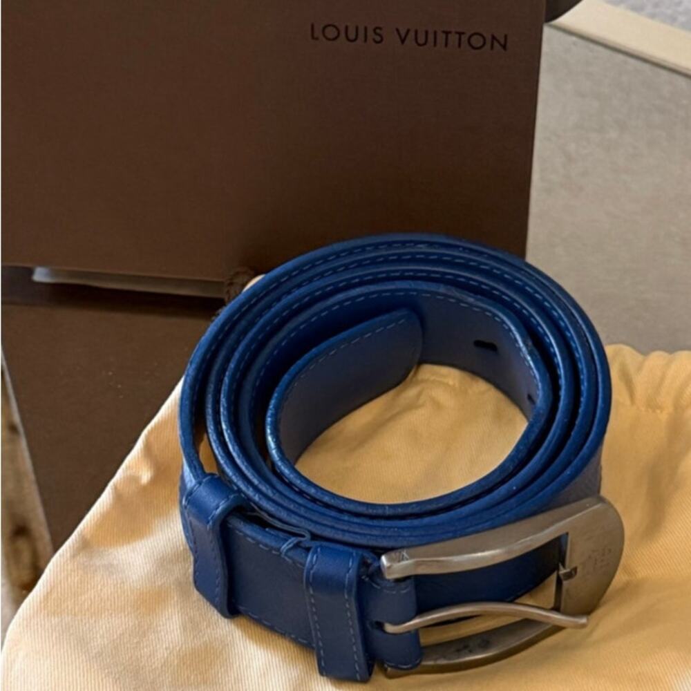 LOUIS VUITTON Damier Blue Leather Men's Belt Siver Tone Hardware EURO 110 US 44